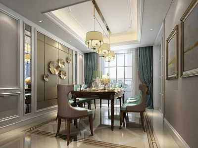 Elegant Modern Restaurant Interior With Dining Table Pendant Lights Chairs And Wall Decorations 3d model