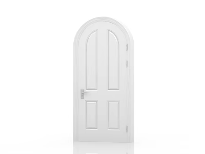 Classic White Arched Front Door With Paneled Design And Metal Handle 3d model