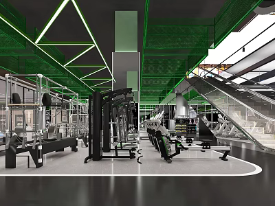 Modern Gym Interior With Green Ceiling Lighting And Spacious Fitness Equipment Area 3d model