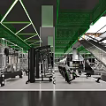 Modern Gym Interior With Green Ceiling Lighting And Spacious Fitness Equipment Area