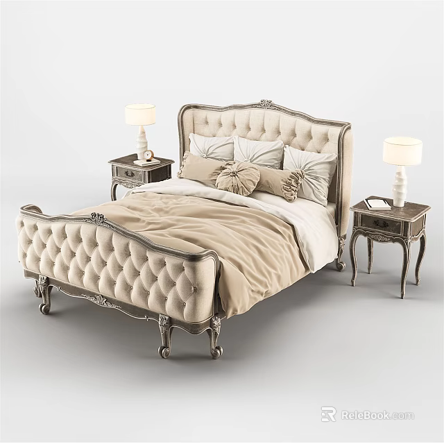 Elegant Upholstered Double Bed With Tufted Headboard Bedside Tables And Lamps 3d model 