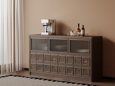 Luxury Retro Wooden Sideboard With Textured Glass Cabinets For Modern Home Dining Room Storage 3d model