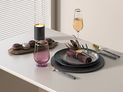 Stylish Tableware Set With Black Plates Napkin Decorative Leaves Pink Glass Champagne Flute And Cutlery 3d model