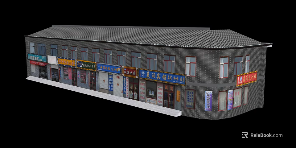 Traditional Commercial Street With Brick Architecture Multiple Shops And Colorful Signboards 3d model 