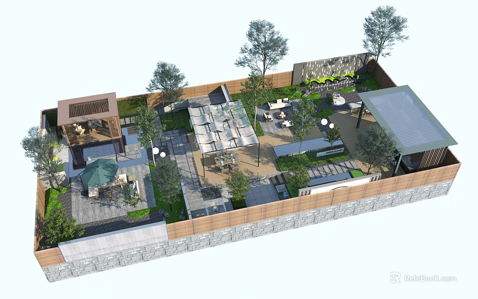 Beautiful Courtyard Garden Design With Trees Tables Chairs Stone Flooring And Wooden Fence 3d model 