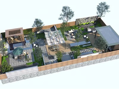 Beautiful Courtyard Garden Design With Trees Tables Chairs Stone Flooring And Wooden Fence 3d model