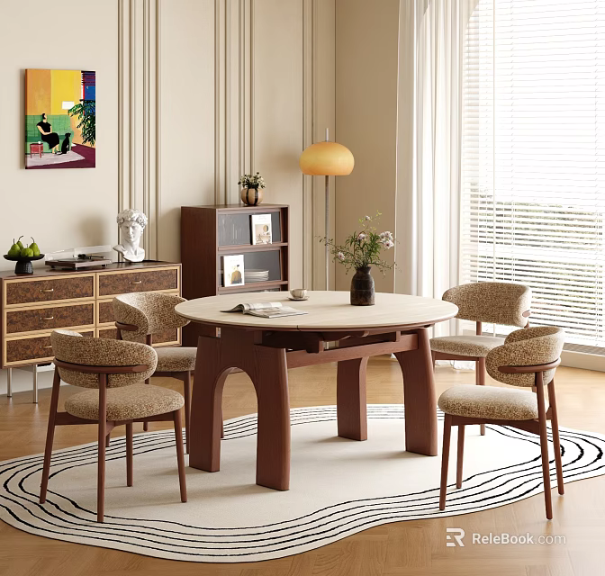 Elegant Round Dining Table Set With Beige Top Brown Legs Four Chairs And Decorative Vase 3d model 