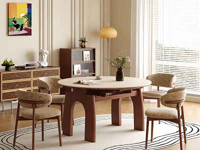 Elegant Round Dining Table Set With Beige Top Brown Legs Four Chairs And Decorative Vase 3d model