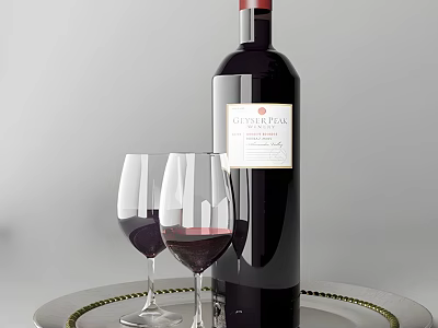 Elegant Red Wine Bottle And Two Glasses Filled With Wine On Silver Tray With Gold Rim 3d model