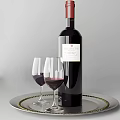 Elegant Red Wine Bottle And Two Glasses Filled With Wine On Silver Tray With Gold Rim