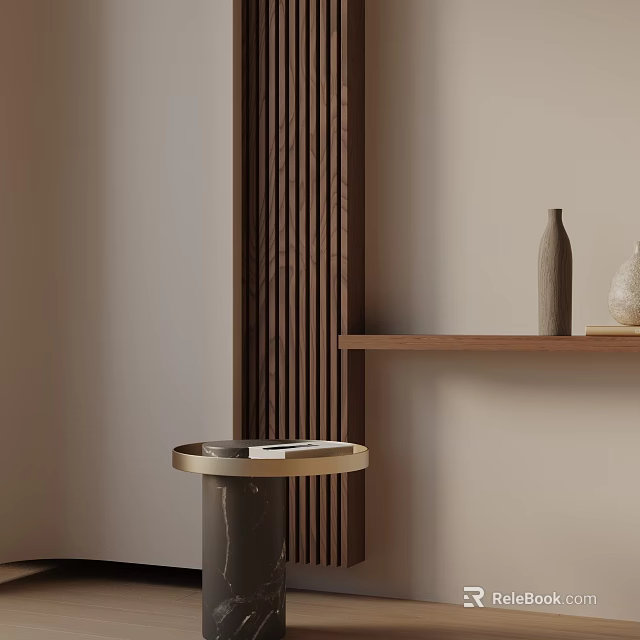 Elegant Modern Interior Featuring Stylish Side Table With Marble Top And Wooden Slat Background 3d model 