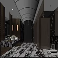 Modern Luxury Public Restroom Interior With Marble Floors Wooden Doors Mirrors And Lighting
