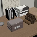 Neat Stacks of Books and Magazines on Wooden Table with Scrolls and Decorative Ornament