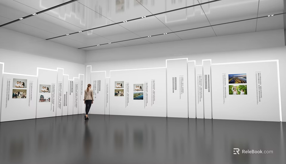 Art Gallery Exhibition Hall With White Walls Displaying Artworks Photos And Person Walking 3d model 