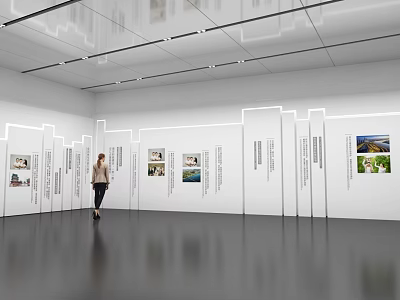 Art Gallery Exhibition Hall With White Walls Displaying Artworks Photos And Person Walking 3d model