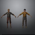 Two Men 3D Models With Different Hats Shirts And Pants On Gray Background