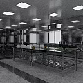 Commercial Kitchen Interior With Stainless Steel Worktables Range Hoods White Tile Walls And Ceiling Lights
