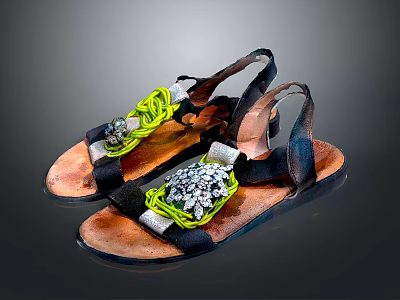 Stylish Women's Sandals With Black Straps Yellow Laces And Decorative Gemstones 3d model