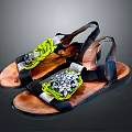 Stylish Women's Sandals With Black Straps Yellow Laces And Decorative Gemstones
