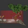 Cartoon Scene With Turquoise Tree Motorcycle On Rocky Platform And Red Fragments