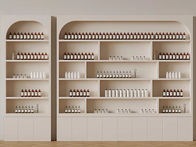 Various Bottles Neatly Arranged On White Shelves In Retail Display Interior 3d model