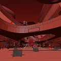 Modern Commercial Street With Multistory Buildings Shops Water Feature And Night Lighting