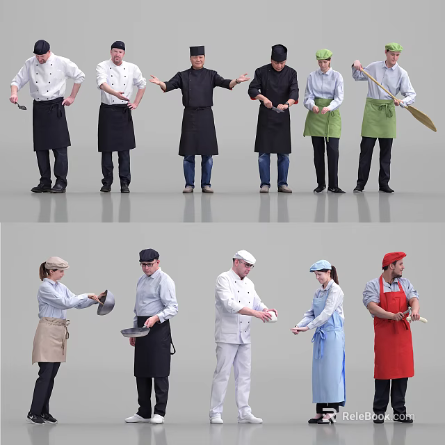 Group of Professional Chefs in Various Uniforms Holding Kitchen Tools and Utensils 3d model 