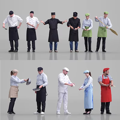 Group of Professional Chefs in Various Uniforms Holding Kitchen Tools and Utensils 3d model