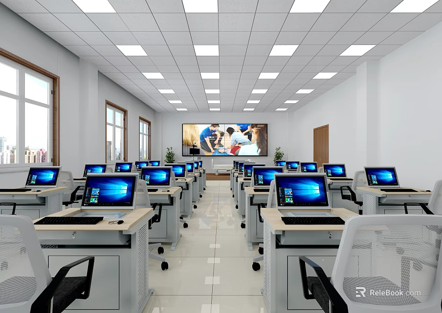 School Computer Classroom Featuring Computers Student Desks Large Screen Windows And Ceiling Lights 3d model