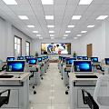 School Computer Classroom Featuring Computers Student Desks Large Screen Windows And Ceiling Lights 3d model