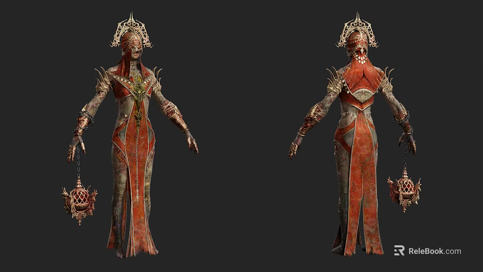 Game Movie Character In Ornate Red And Gold Costume With Elaborate Headdress And Lantern 3d model 