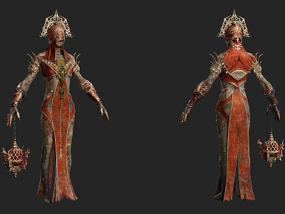 Game Movie Character In Ornate Red And Gold Costume With Elaborate Headdress And Lantern 3d model