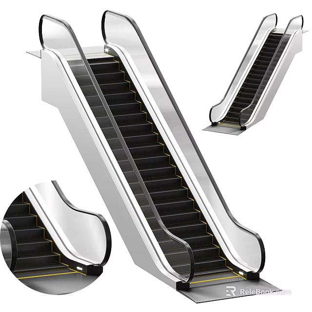 Modern Escalator With Transparent Handrails And Black Steps 3d model 