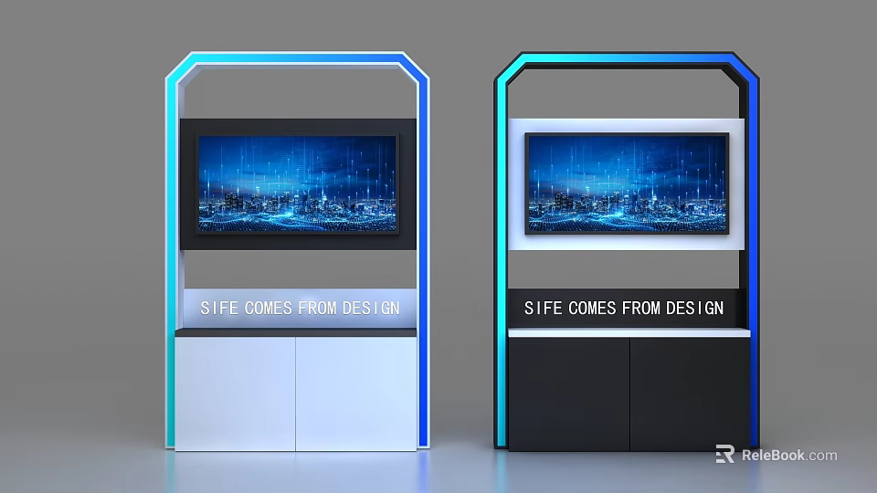 Commercial Display Equipment Screens Showing City Data Patterns White Black Blue Cyan Lighting 3d model 