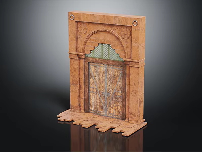 Traditional Arched Entrance Gate With Stone Frame Grilled Window And Wooden Door 3d model