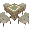 Square Wooden Entertainment Table with Mahjong Layout and Four Light Gray Chairs