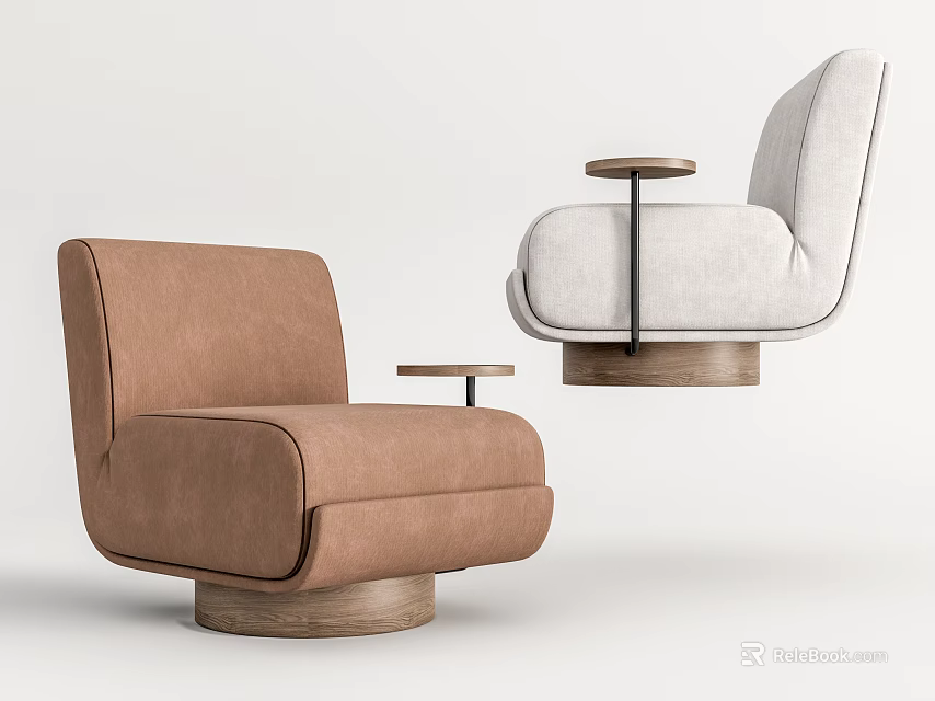 Brown And White Upholstered Single Sofa With Wooden Round Base And Small Round Side Table 3d model