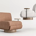 Brown And White Upholstered Single Sofa With Wooden Round Base And Small Round Side Table 3d model