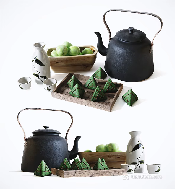 Chinese Tea Set With Black Teapot Small Teacups White Vases Green Zongzi And Wooden Bowl 3d model 