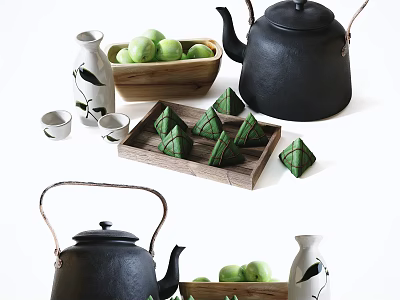 Chinese Tea Set With Black Teapot Small Teacups White Vases Green Zongzi And Wooden Bowl 3d model