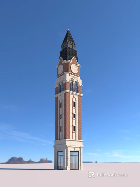 Classical Red Brick Tower With Black Roof Two Clocks And Windows Against Blue Sky 3d model 