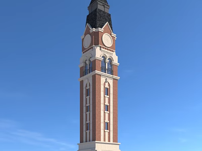 Classical Red Brick Tower With Black Roof Two Clocks And Windows Against Blue Sky 3d model