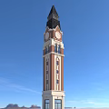Classical Red Brick Tower With Black Roof Two Clocks And Windows Against Blue Sky
