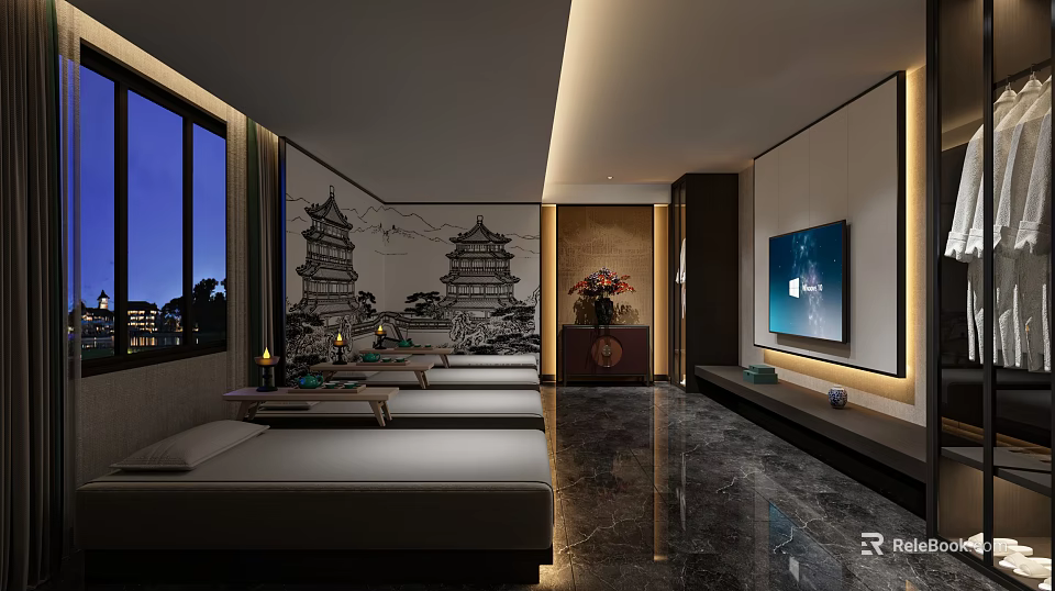 Chinese Style SPA Sauna Interior Design With Traditional Architecture Murals Massage Beds And Marble Floor 3d model 