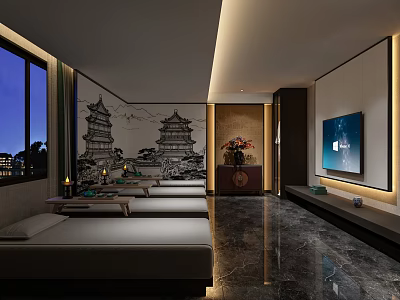Chinese Style SPA Sauna Interior Design With Traditional Architecture Murals Massage Beds And Marble Floor 3d model