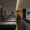 Chinese Style SPA Sauna Interior Design With Traditional Architecture Murals Massage Beds And Marble Floor