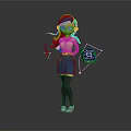 3D Female Character With Blue Hair Glasses Holding Microphone And 88 Device In Blue Skirt Purple Stockings