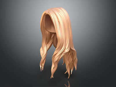 3D Head Model With Golden Wavy Long Hair And Shiny Texture On Dark Background 3d model