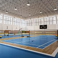 Spacious Basketball Gymnasium With Multiple Courts Wooden Flooring Blue Red Areas Windows And Ceiling Lights