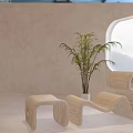 Modern Beige Curved Leisure Chair With Footstool Round Window Mountain View And Green Plant